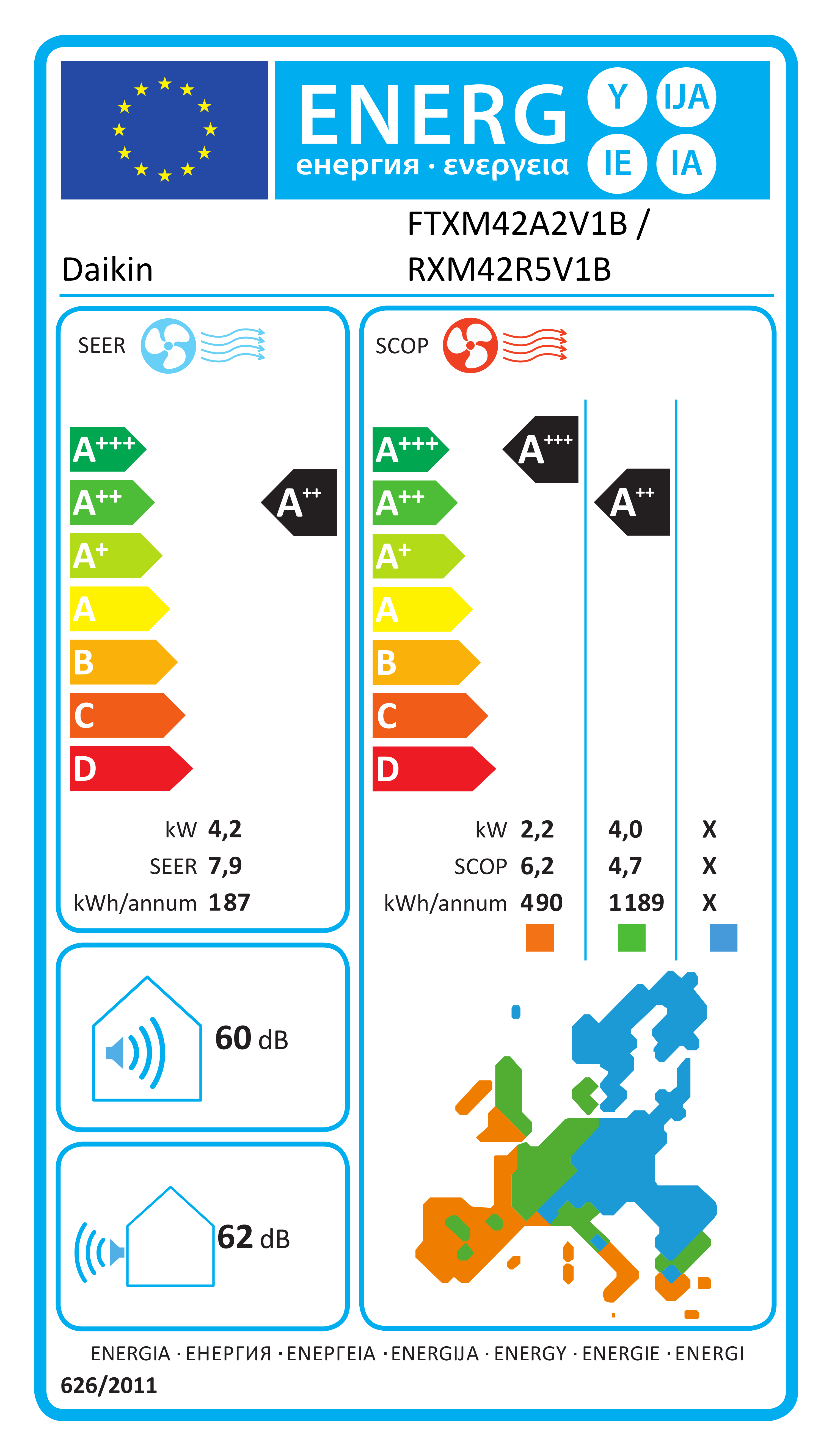 Étiquette énergétique UE FTXM42A2V1B / RXM42R5V1B